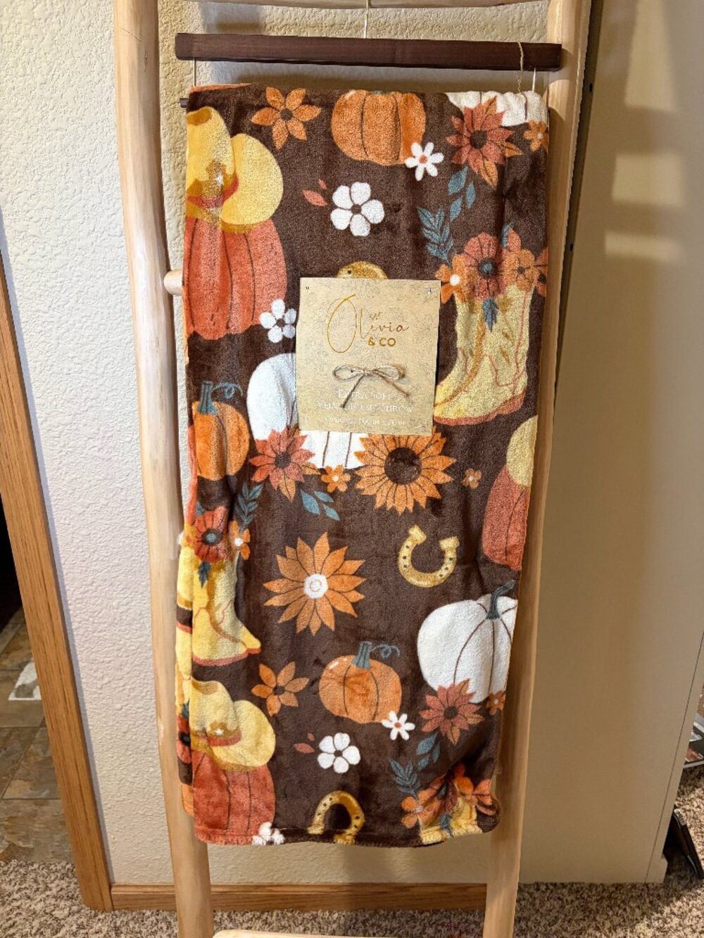 Olivia & Co Western Fall Cowboy Boots Pumpkin Floral Plush Throw 60x70 NWT